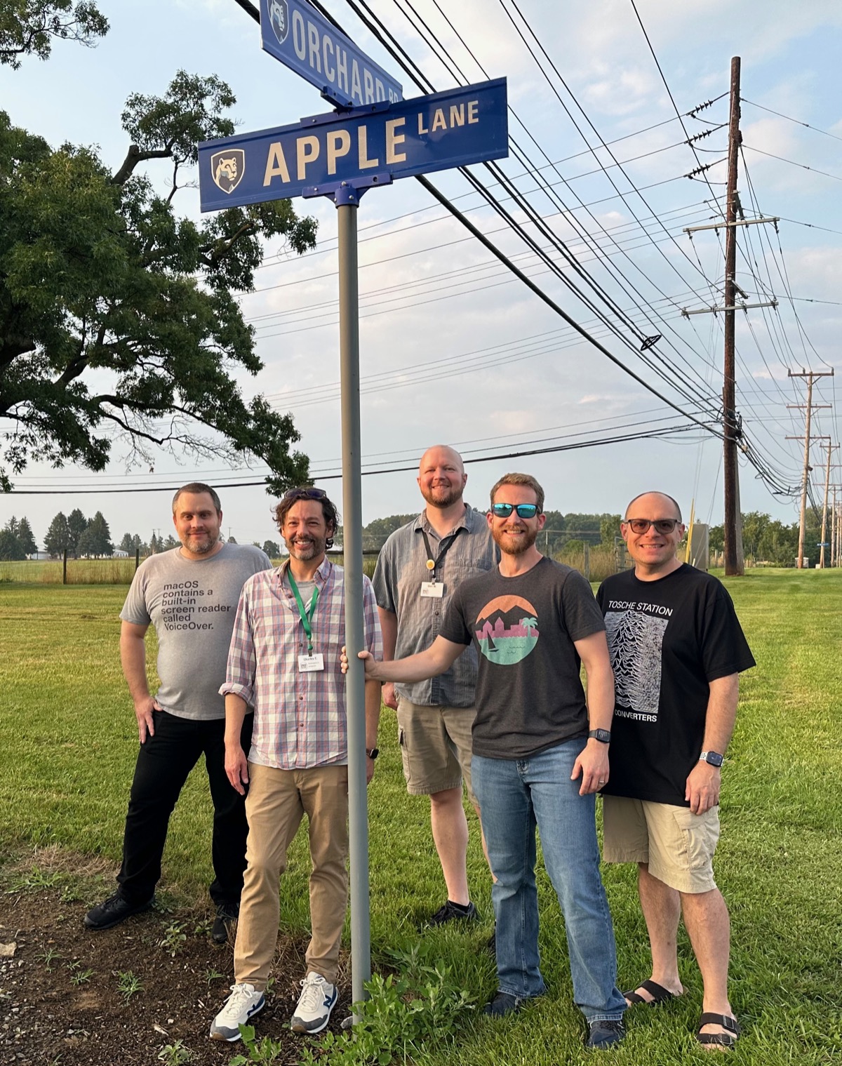 Charles Edge, myself, and a few other Mac Admins at the corner of Apple and Orchard streets on the Penn State campus.